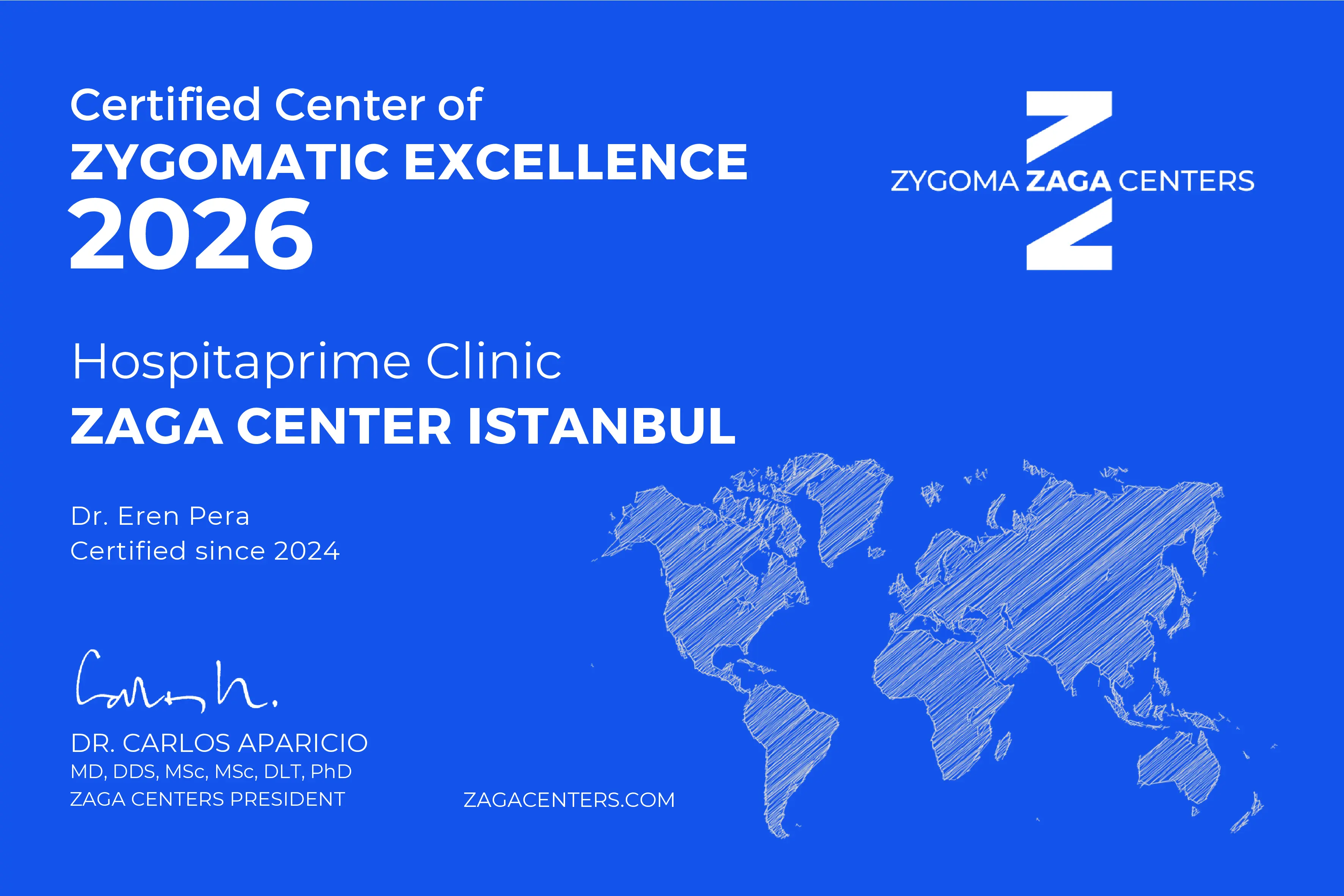 ZAGA certification photo for Hospitaprime, Istanbul's first certified ZAGA Center, specializing in advanced zygomatic implant treatments
